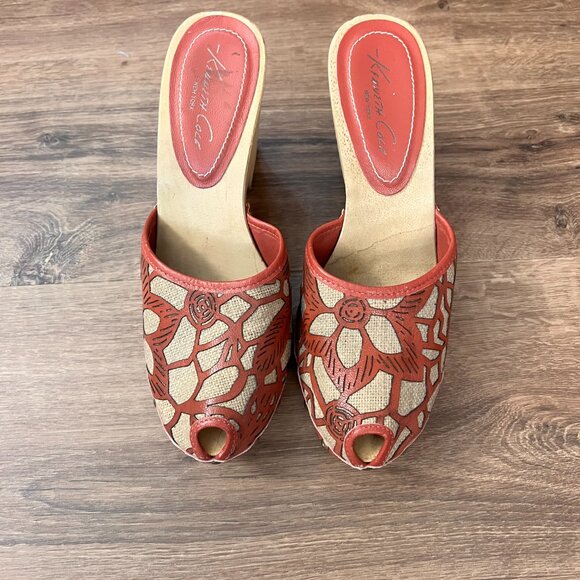 Kenneth Cole Peep Toe Wooden Wedge Clog Backless Heels Sz 9 - Picture 11 of 16